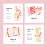 Card set with hand drawn scrapbooking elements. Square banner templates for social media mobile apps. Vector illustration