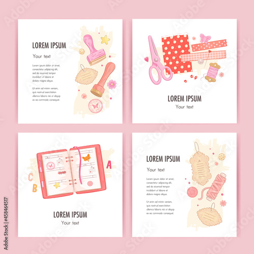 Card set with hand drawn scrapbooking elements. Square banner templates for social media mobile apps. Vector illustration