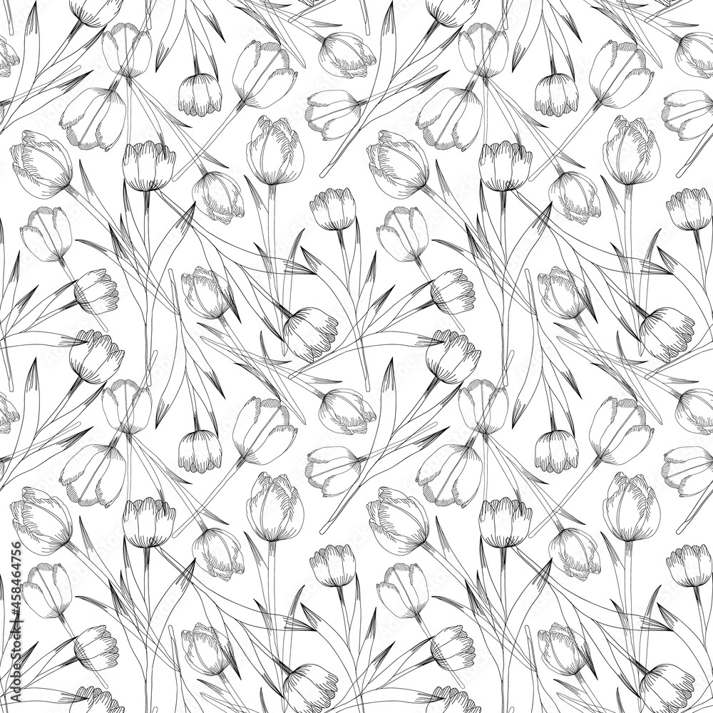 Seamless vector pattern with tulips outline on white background