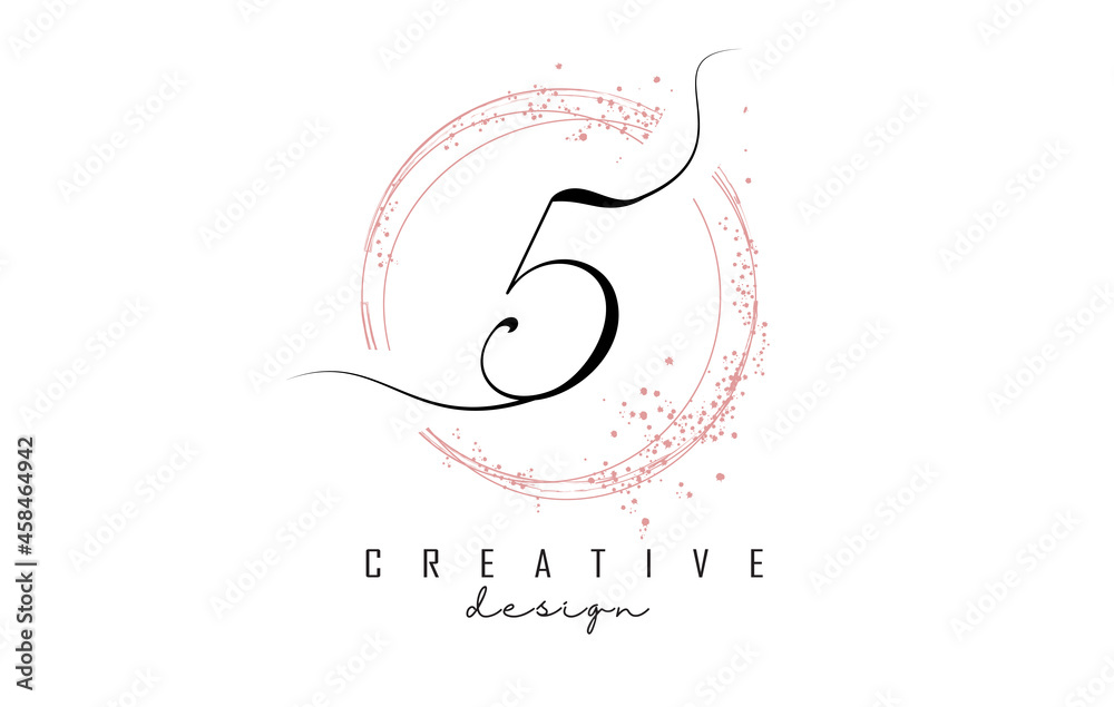 Handwritten 5 five number logo with dust pink sparkling circles and glitter.