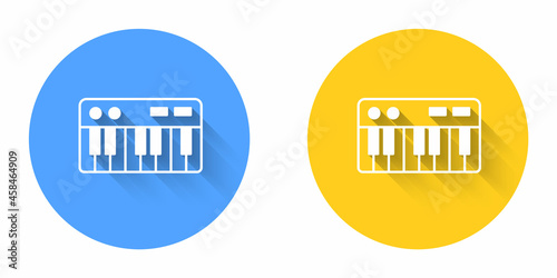 White Music synthesizer icon isolated with long shadow background. Electronic piano. Circle button. Vector