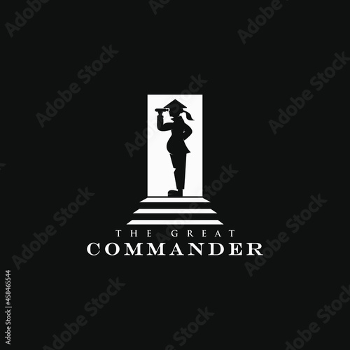 Silhouette of a large Military commander, the logo of a large commander with binoculars looking at the outside, vector illustration