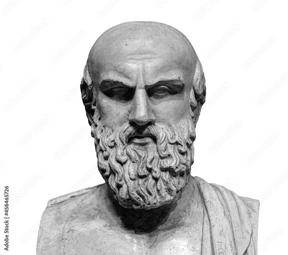 Obraz premium Ancient statue of Greek poet Aeschylus isolated on a white background. Old beard man sculpture