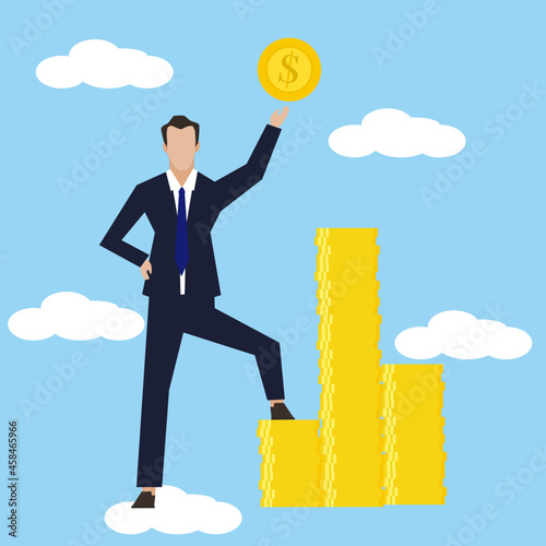 A businessman standing step-on money stacks the other hand holding money gold coin
