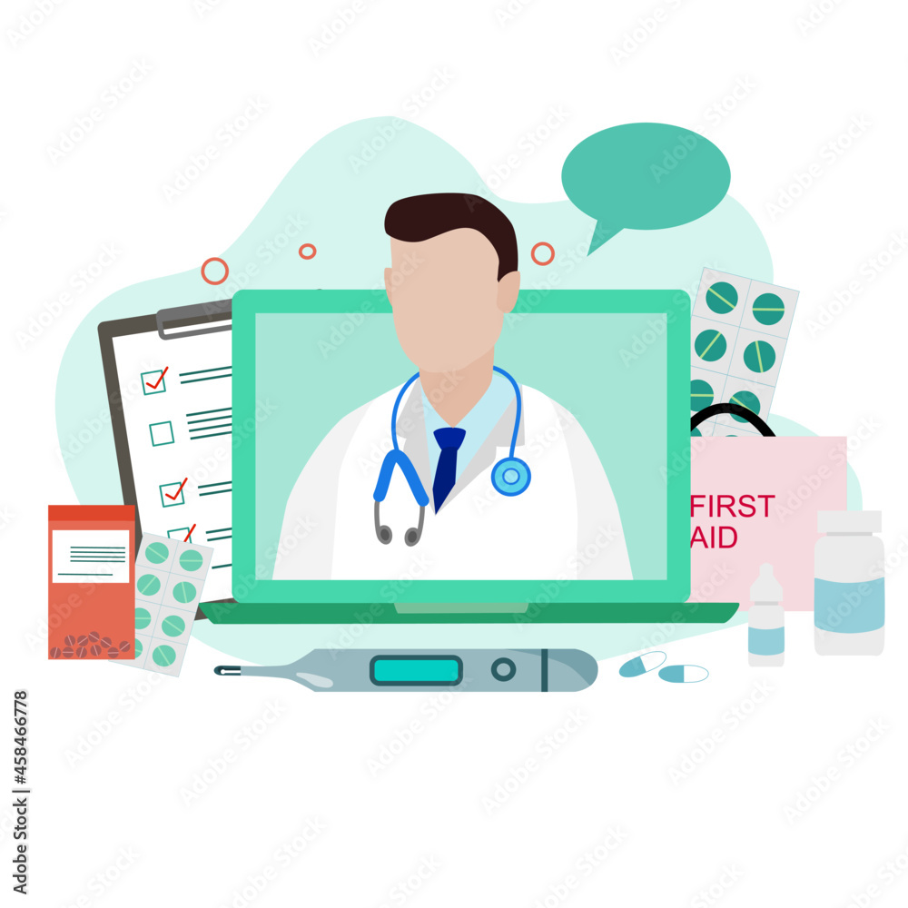 A doctor on laptop screen with elements of medicine, document, first aid bag, thermometer, eye drops and bubble on green background and green tone color A doctor on laptop screen with elements of medicine, document, first aid bag, thermometer, eye drops and bubble on green background and green tone color