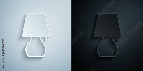 Paper cut Table lamp icon isolated on grey and black background. Night light. Paper art style. Vector