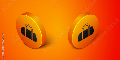 Isometric Sport bag icon isolated on orange background. Orange circle button. Vector