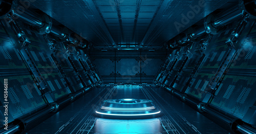 Fototapeta Naklejka Na Ścianę i Meble -  Blue spaceship interior with projector. Futuristic corridor in space station with glowing neon lights background. 3d rendering
