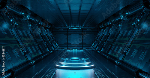 Blue spaceship interior with projector. Futuristic corridor in space station with glowing neon lights background. 3d rendering