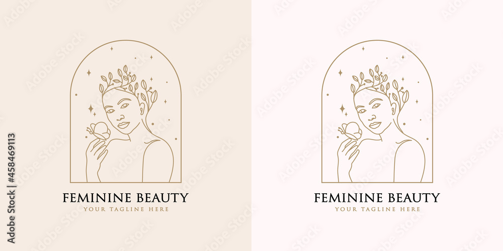 Hand drawn feminine woman beauty minimal face and floral botanical logo template for makeup spa salon skin & hair care line art portrait vector printable illustration design