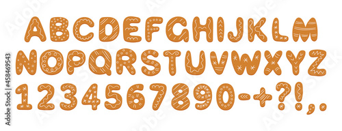 Alphabet of gingerbread cookies with glaze. Cartoon letters, numbers and marks for Christmas or New Year. Gingerbread holidays cookies font. Hand drawn vector illustration isolated on white background