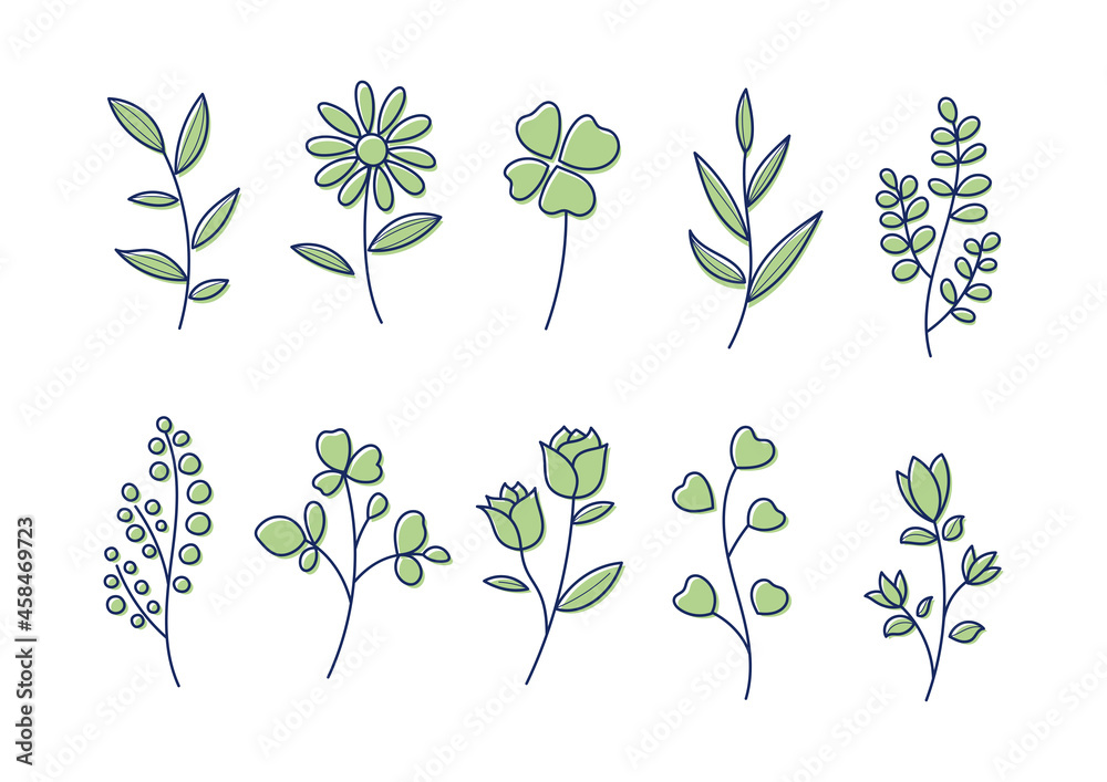 花や葉っぱのシンプルな線画イラスト　素材用　緑色