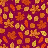autumn leaves seamless pattern on dark red background.. Vector illustration for printing, backgrounds, wallpapers, covers, packaging, greeting cards, posters, stickers, textile, seasonal design.