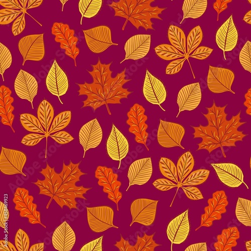 autumn leaves seamless pattern on dark red background.. Vector illustration for printing  backgrounds  wallpapers  covers  packaging  greeting cards  posters  stickers  textile  seasonal design.