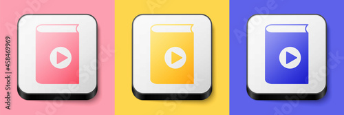 Isometric Audio book icon isolated on pink, yellow and blue background. Play button and book. Audio guide sign. Online learning concept. Square button. Vector
