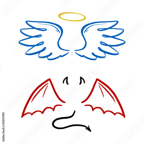 Angel and devil stylized vector illustration. Angel with wing, halo. Devil with wing and tail. Hand drawn line sketch style.