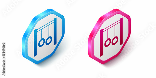 Isometric Gymnastic rings icon isolated on white background. Playground equipment with hanging rope with rings. Hexagon button. Vector