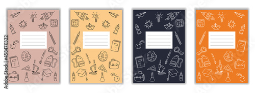 Set Cover Notebook school doodles icons hand drawn. Template cover for diary, broshure, poster, sketchbook. Vector illustration
