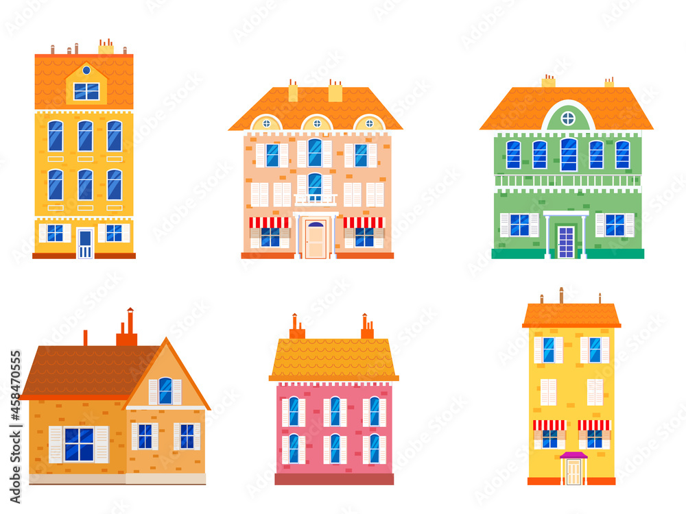 Set houses cottage home front view, colorful real estate. Cartoon urban buildings, vector illustration