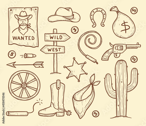Cowboy western doodle set. Hand drawn sketch line style. Cowboy hat, cow skull, gun, cactus element. Wild west vector illustration.