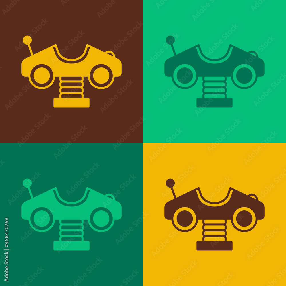 Pop art Swing car on the playground icon isolated on color background. Childrens carousel with car. Amusement icon. Vector