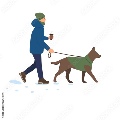 Man walking with dog in winter. Boy leading pet on leash in cold weather with snow. Wintertime. Coffee in hand. Flat vector illustration isolated on white background