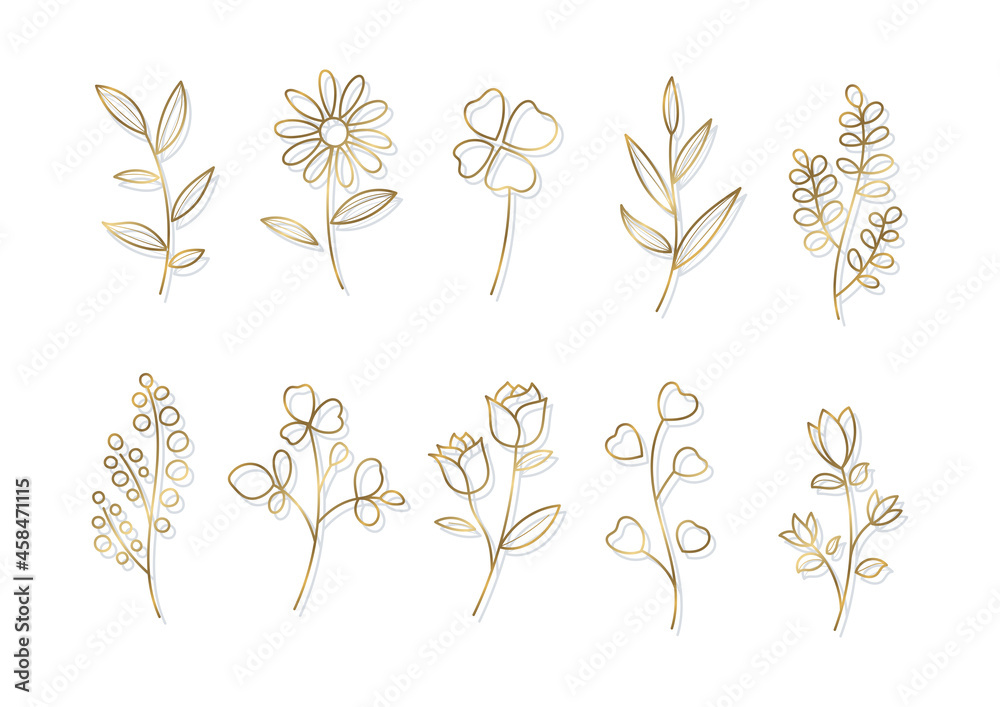 花や葉っぱのシンプルな線画イラスト 素材用 金 Stock Vector Adobe Stock