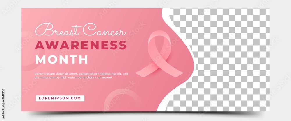 Breast cancer awareness month horizontal banner template design. Gradient pink background with place for the photo. - obrazy, fototapety, plakaty 