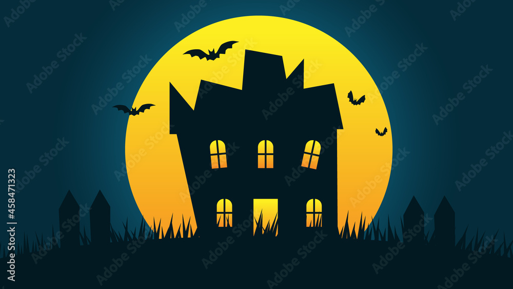 happy Halloween holiday party background. haunted house cartoon on hills  with full moon in night sky and bats flying Stock Vector | Adobe Stock