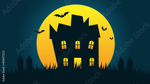 happy Halloween holiday party background. haunted house cartoon on hills with full moon in night sky and bats flying 
