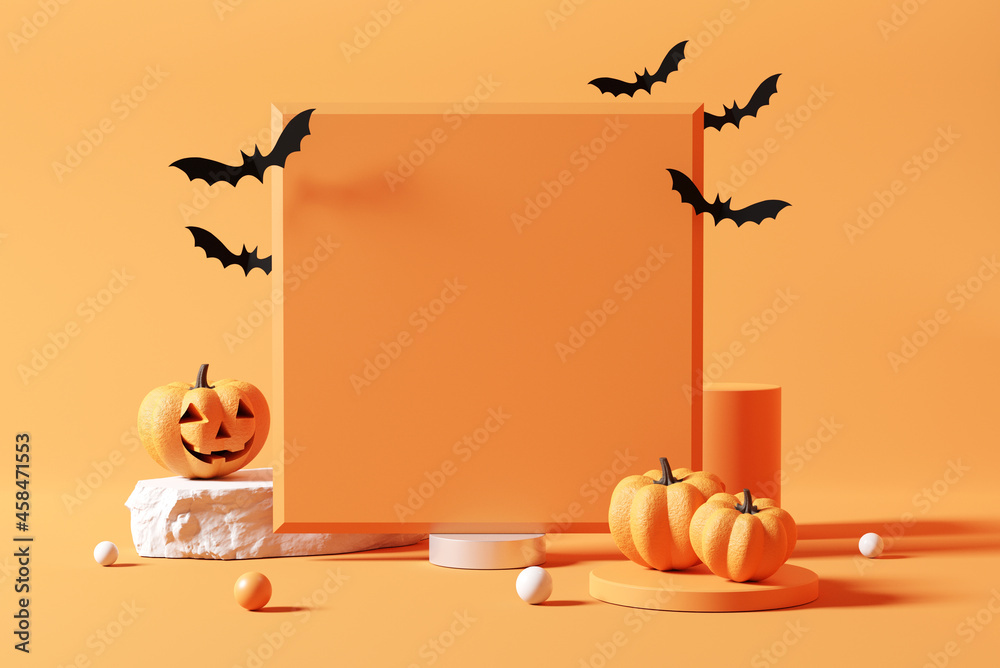 Background blank billboard for Halloween, 3d rendering, Smiling pumpkin character with bat on geometric shape, Space for promotion Halloween day. - obrazy, fototapety, plakaty 