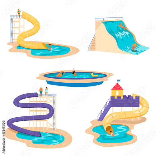 People relaxing at waterpark vector illustrations set. Men and women sliding down tall water slides and swimming at aqua park isolated on white background. Vacation, recreation, entertainment concept