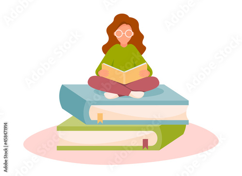 Girl sitting on Stack of books and reading. Concept of bookcrossing, learning, education, knowledge, hobby. Vector illustration in flat style.