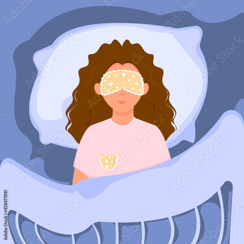 Girl with sleeping mask sleeping in bed under the covers. Healthy sleep concept. Pretty woman is sleeping on a pillow. Vector flat design.