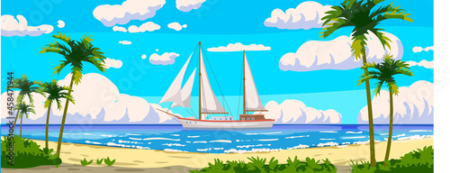 Tropical resort landscape panorama, sailboat. Sea shore sand, exotic palms, coastline, clouds, sky, summer vacation. Vector illustration cartoon style