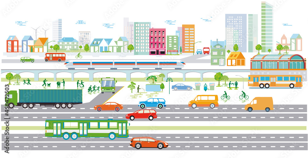 Ökologische Stadt mit Elektro-Fahrzeugen und Passagierzug, illustration