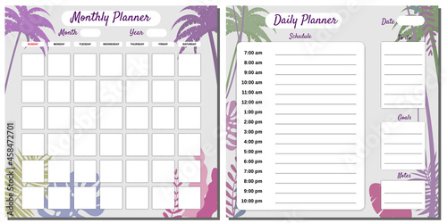 Daily, Monthly, Planner Set template vector. Palms floral decoration background, schedule, To Do list, goals, notes. Business notebook management, organizer
