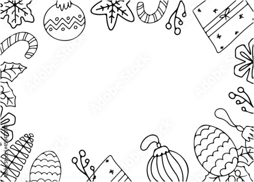 Christmas background with doodle design elements. Vector illustration with hand drawn new year toys and gifts
