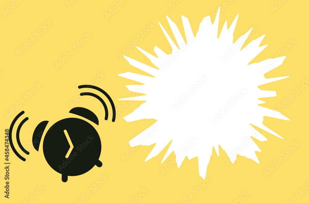 An illustration of alarm clock and white paint splash with copy space