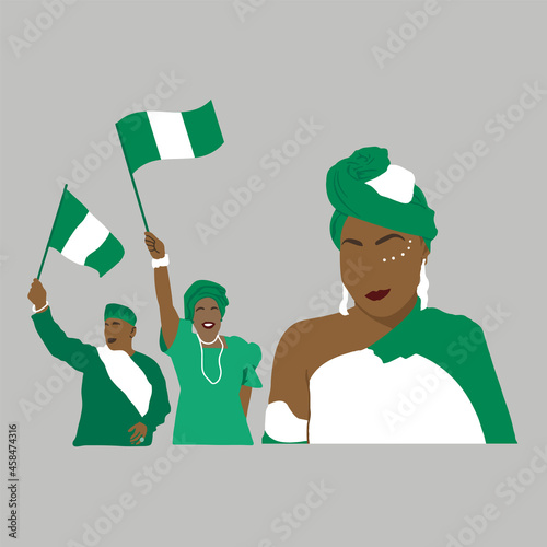 VECTORS. Nigerian women, Nigerian man, waving flag, celebrating, fans, civic holiday, flag, traditional dress, african people, culture, silhouette