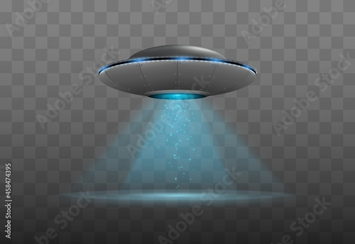 UFO spaceship with light beam isolated. Vector illustration of flying alien ship
