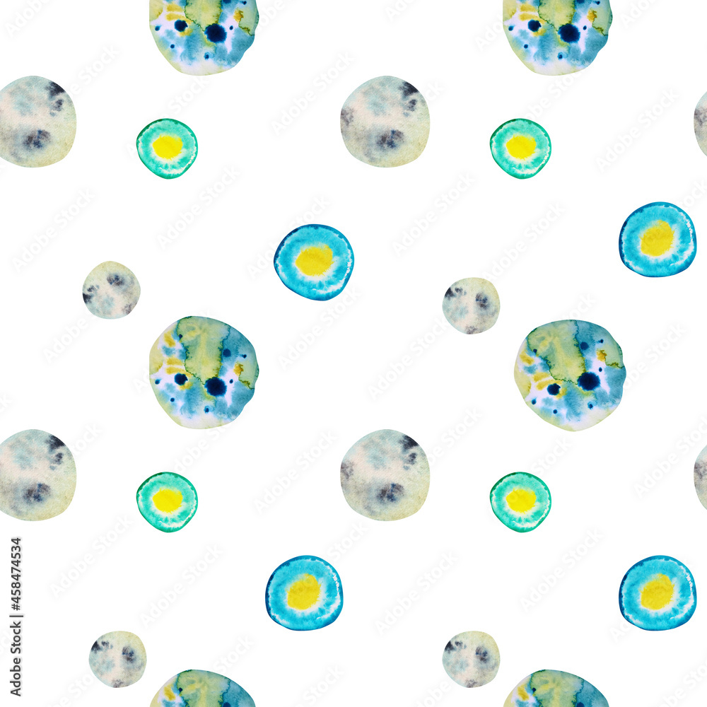 Watercolor seamless pattern with abstract spots on a white background. Turquoise yellow circles with washes. Abstract pattern with watercolor moon.
