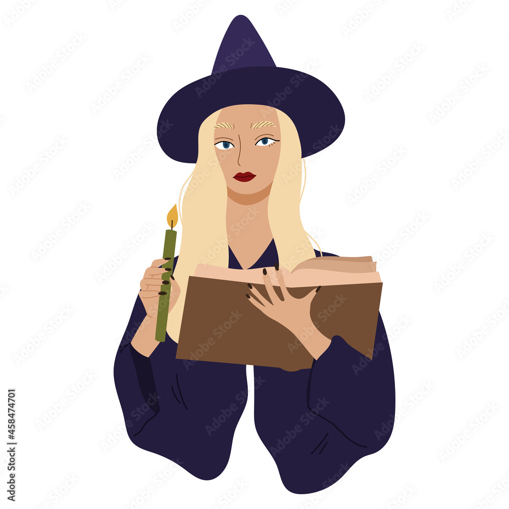 Young witch casts a spell and holding grenn candle.Esoteric and mystical character.