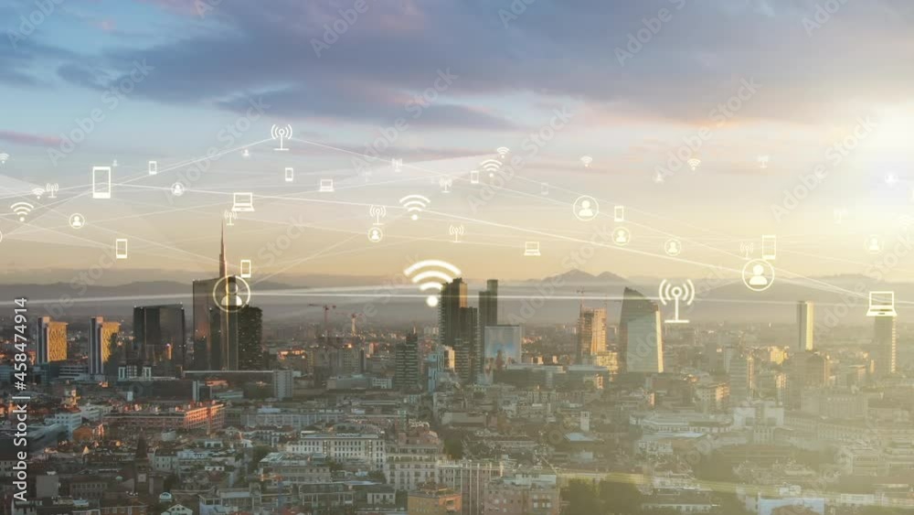 IoT internet of things icons animation,wired network over urban smart city background tele communication concept,milan italy