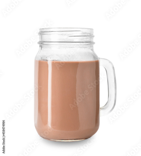 Mason jar of tasty chocolate milk on white background