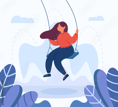 Adult female cartoon character swinging on swing. Happy girl in good mood having fun outdoors flat vector illustration. Lifestyle, leisure concept for banner, website design or landing web page