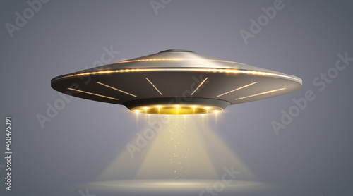 UFO spaceship with light beam isolated on transparent background. Vector illustration photo