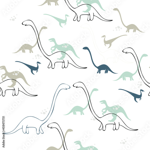 Dinosaurs seamless pattern. Colorful characters  plants and abstract shapes on background. Vector illustration for printing on fabric  postcard  wrapping paper  gift products  Wallpaper  clothing. 