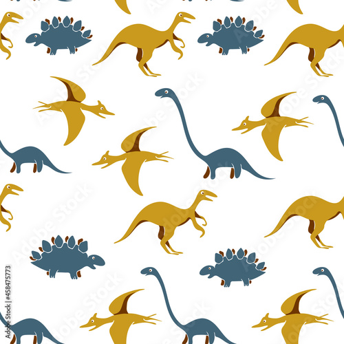 Dinosaurs seamless pattern. Colorful characters  plants and abstract shapes on background. Vector illustration for printing on fabric  postcard  wrapping paper  gift products  Wallpaper  clothing. 