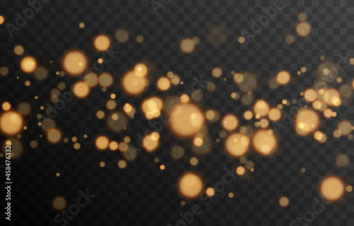Gold bokeh on isolated transparent background. Light effect png, blurred bokeh png, christmas background. Magic glow, radiance. photo